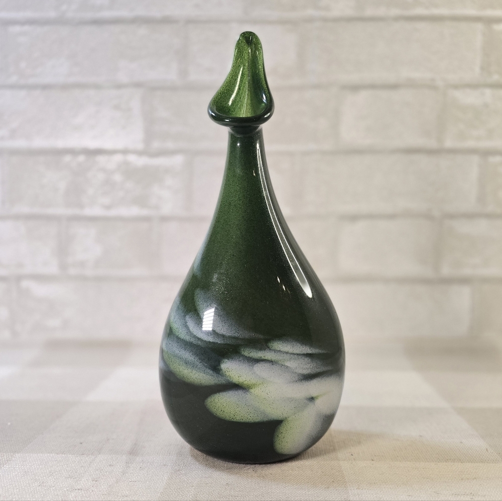 Hand Blown Teardrop Shaped Art Glass Vase Green Iridescent 10.5" Artist Signed